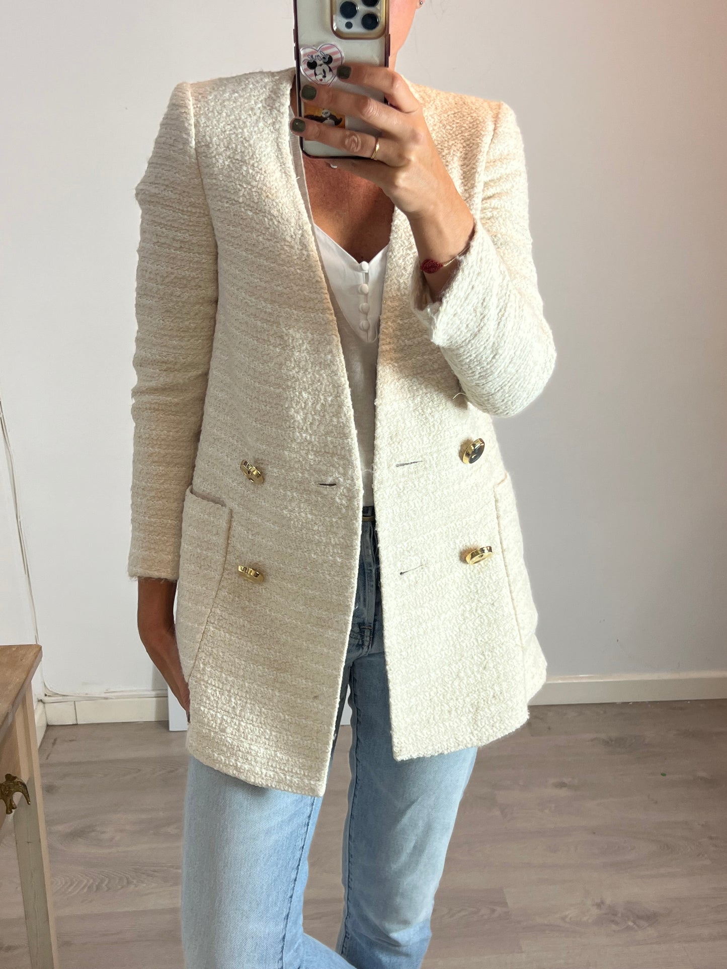 ZARA. Chaqueta larga tweed hilos brillo. TXS