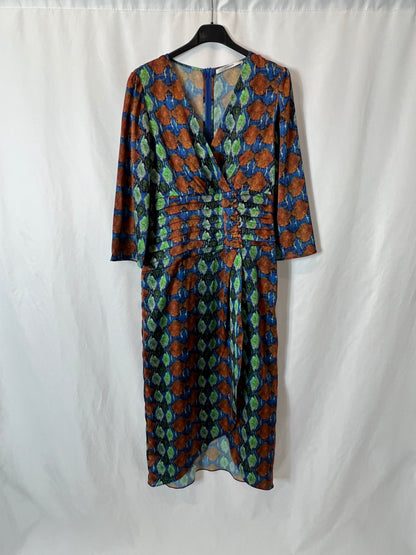 UTERQÜE. Vestido midi estampado satinado. T M