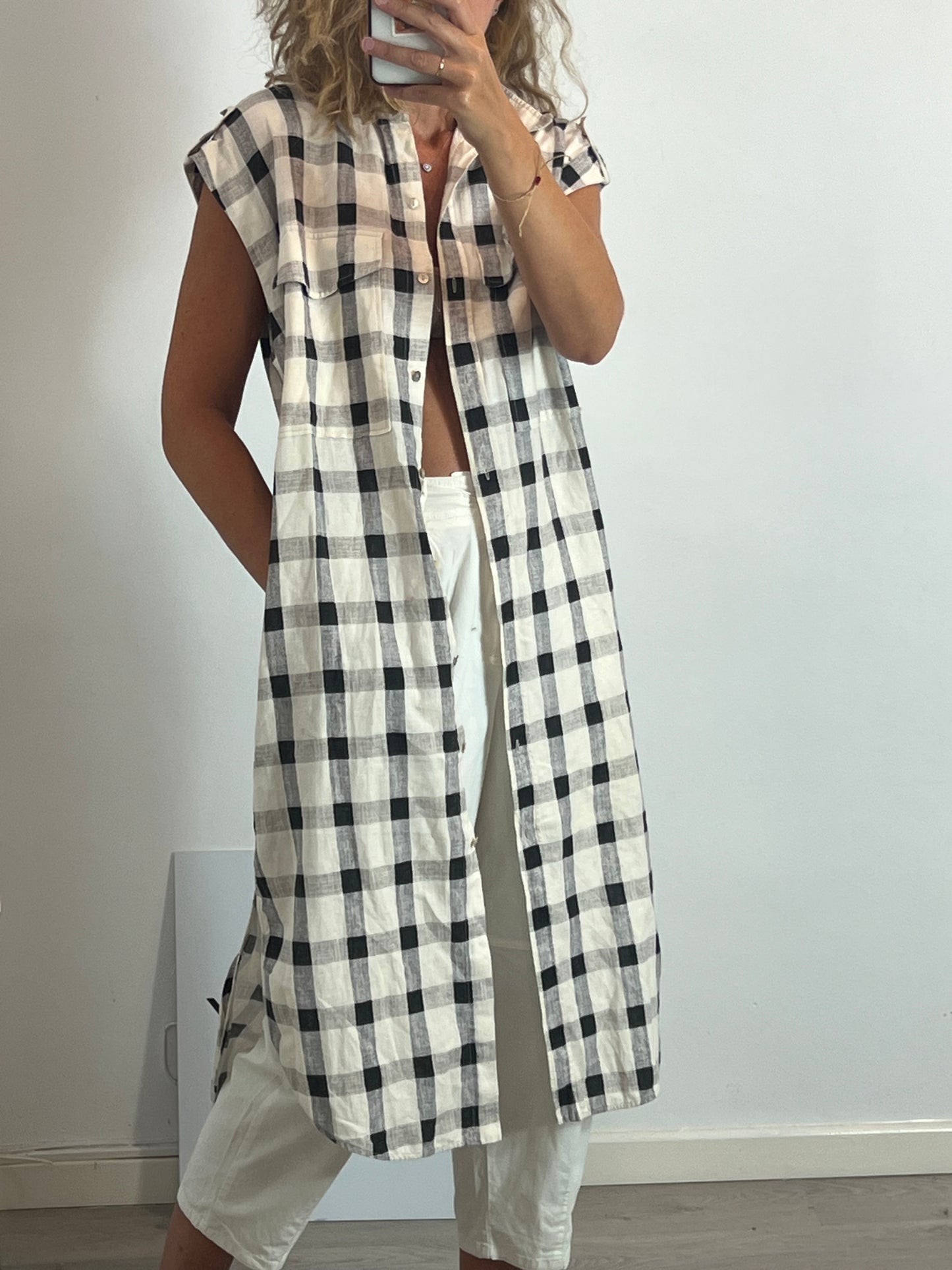 MASSIMO DUTTI. Vestido largo camisero cuadros. T 38