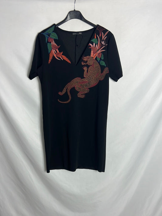 ZARA. Vestido negro estampado. TM