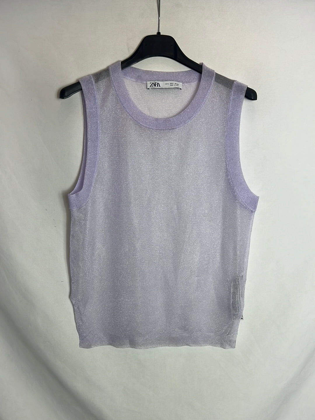 ZARA. Semi-sheer glitter purple top. TS