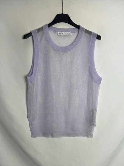 ZARA. Semi-sheer glitter purple top. TS
