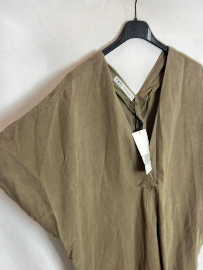 ZARA. Vestido verde caqui  estilo kaftan. T XS