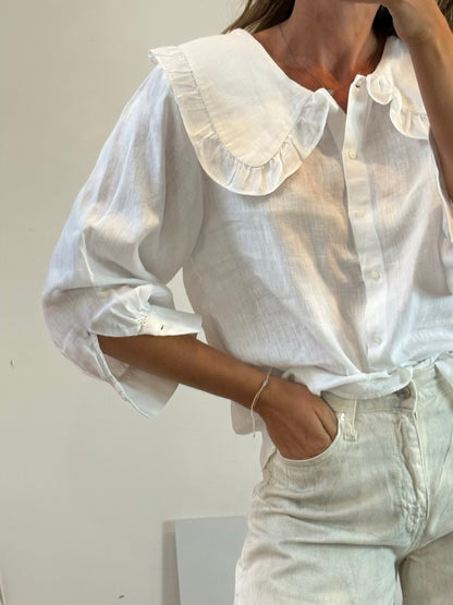 ZARA. Blusa blanca lino cuello amplio