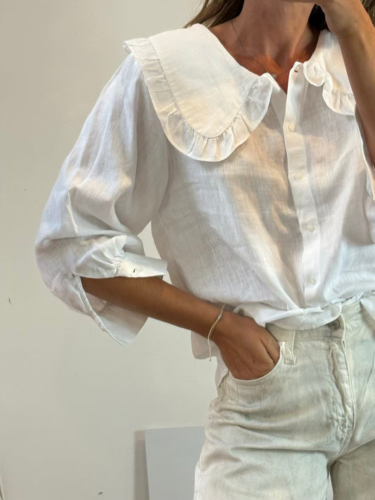 ZARA. Blusa blanca lino cuello amplio