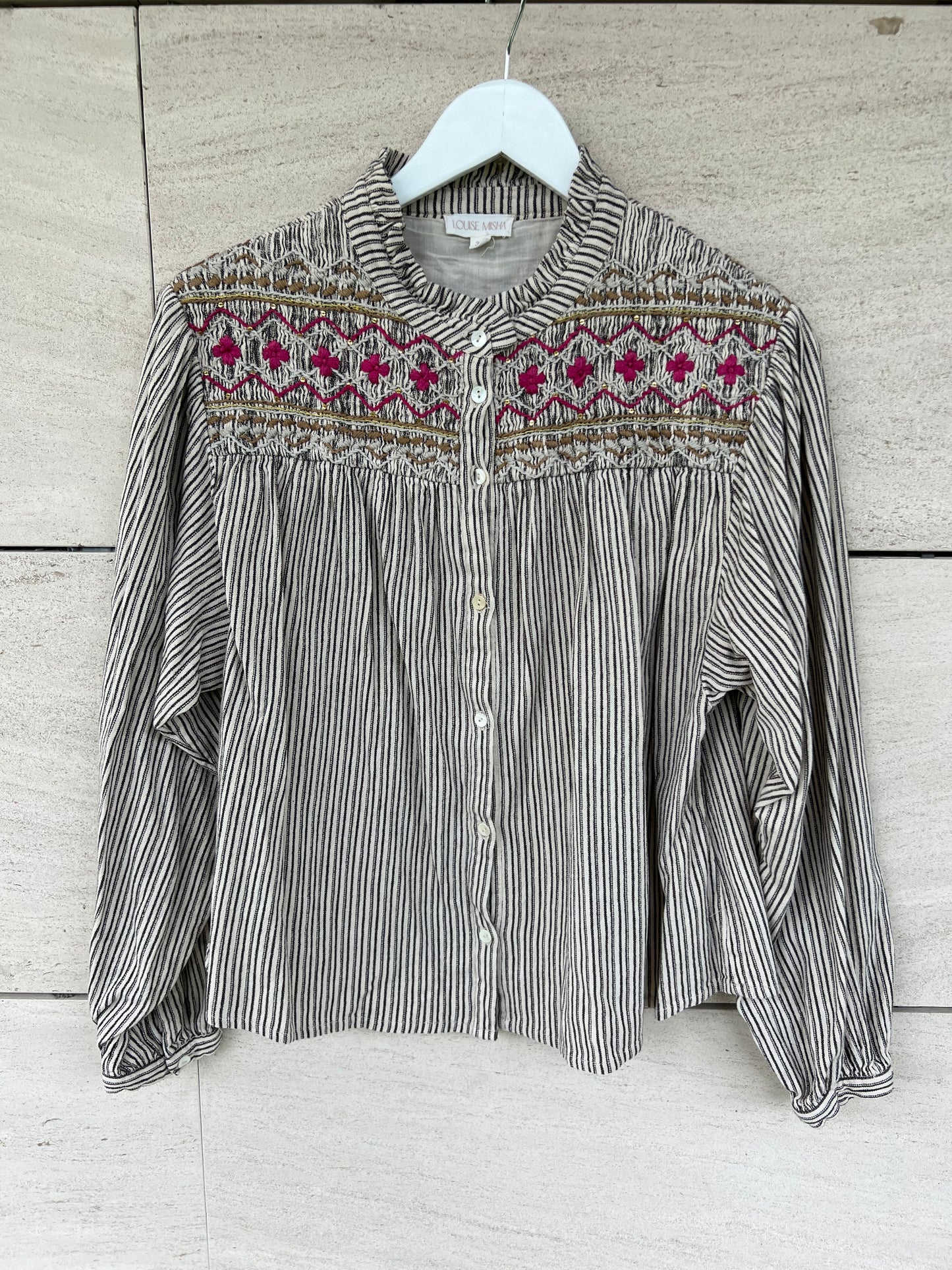 LOUISE MISHA. Embroidered striped blouse, size 34