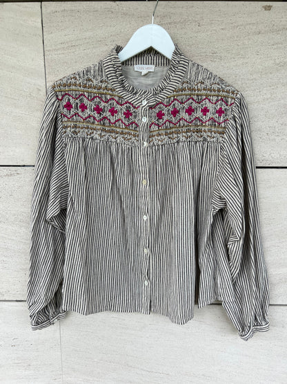 LOUISE MISHA. Embroidered striped blouse, size 34