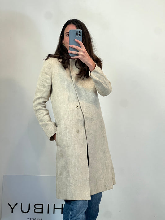 MASSIMO DUTTI. Chaqueta larga lino biege