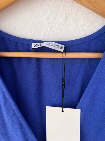 ZARA. Vestido azul detalles fruncidos T.m