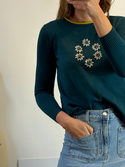 LA CASITA DE WENDY. Jersey azul merino bordados