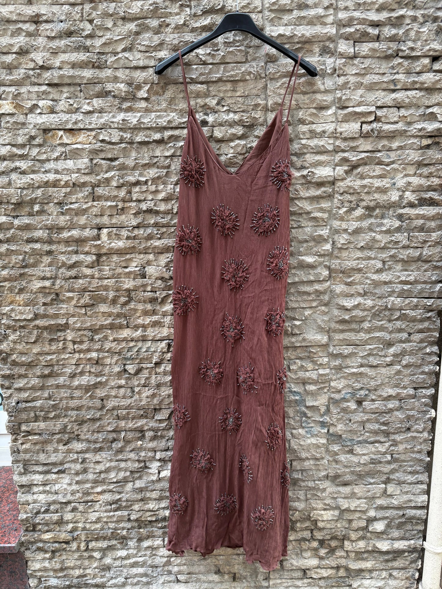 ZARa. Vestido marrón abalorios T.s