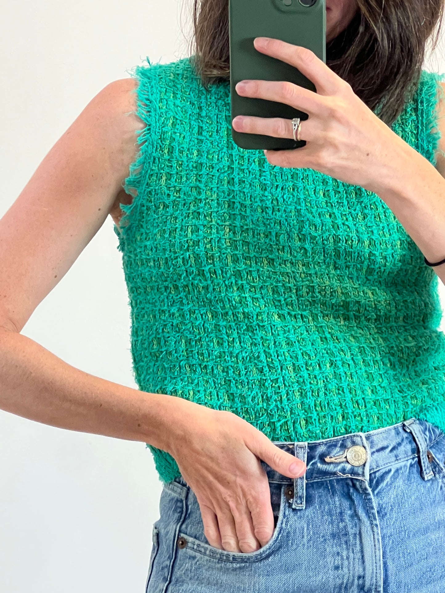 MANGO. Green tweed top. Size XS