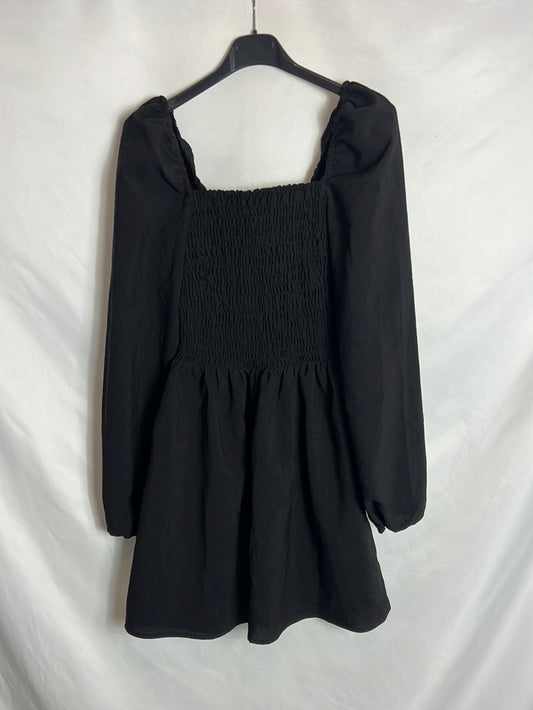 H&M. Vestido corto negro nido abeja T.s