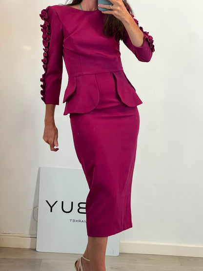 MERYFOR. Vestido midi rosa oscuro detalle mangas
