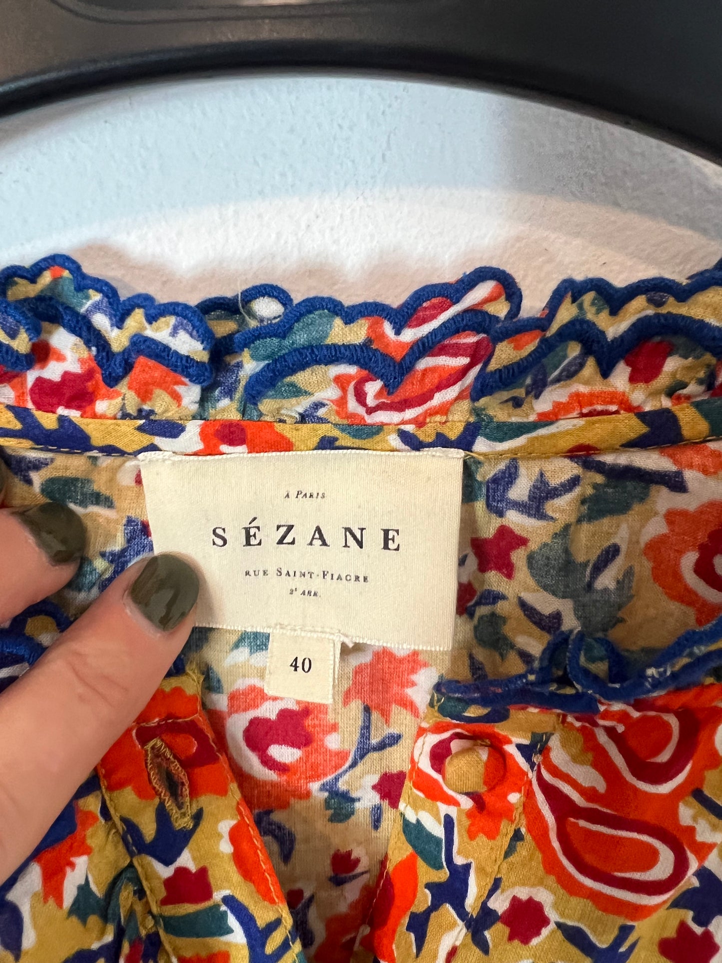 SEZANE. Orange print blouse, size 40