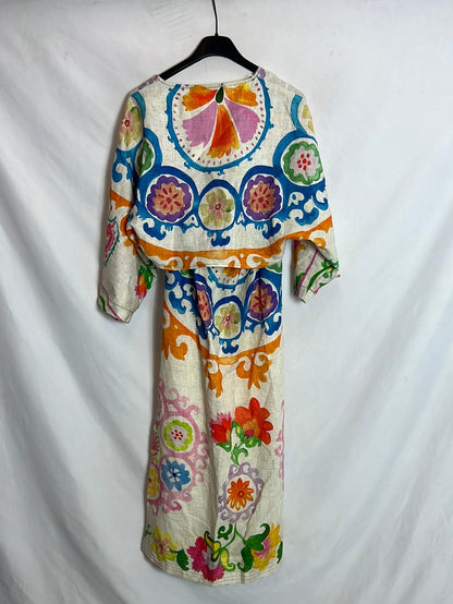 ZARA. Vestido lino aperturas estampando . T XS