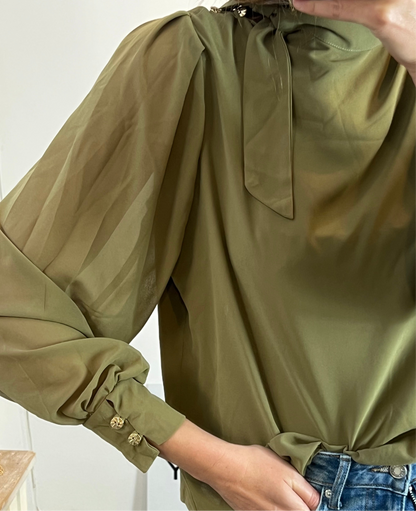 BIMANI. Flowing green blouse with a bow at the neck and gold buttons. Size XL