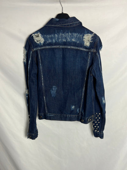 SANDRO. Cazadora denim rotos y tachuelas. T3 (M)