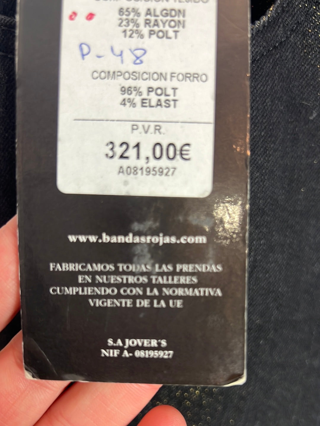 BANDAS ROJAS. Pantalón vaquero oscuro purpurina. T 42