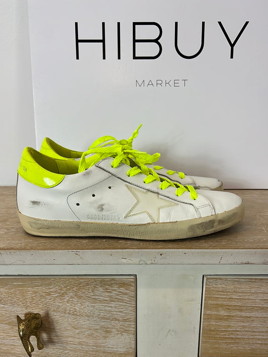 GOLDEN GOOSE. White and fluorescent leather sneakers. Size 39