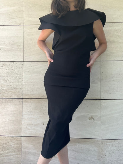 LANVIN. Vestido negro fruncido T.38