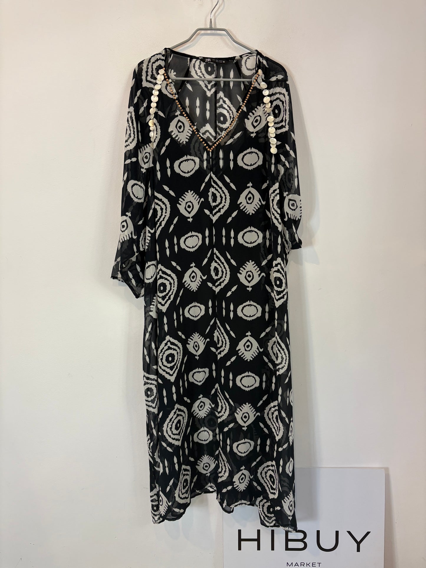 ZARA. Vestido kaftán azul estampado