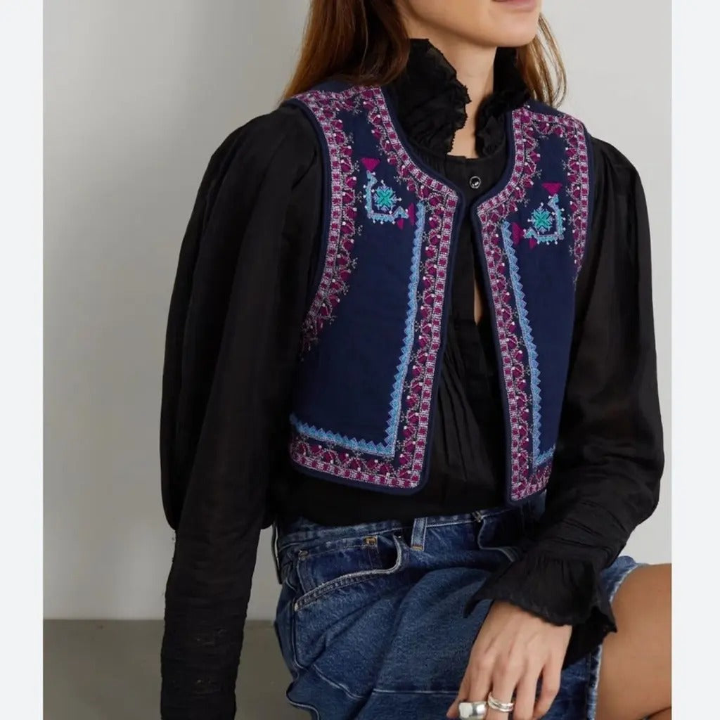 ISABEL MARANT. Chaleco azul bordado algodón T.34