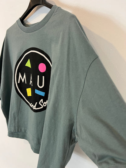 PULL&BEAR. Camiseta azul crop dibujo. T L