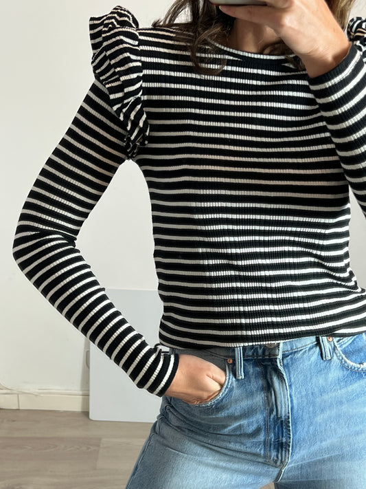 ZARA. Top canalé rayas detalle hombros. T M
