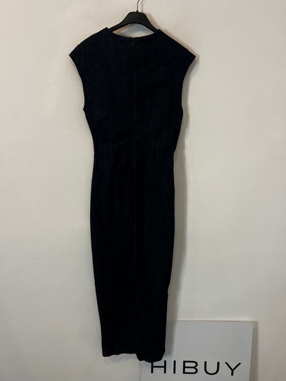 ZARA. Vestido denim midi broche dorado