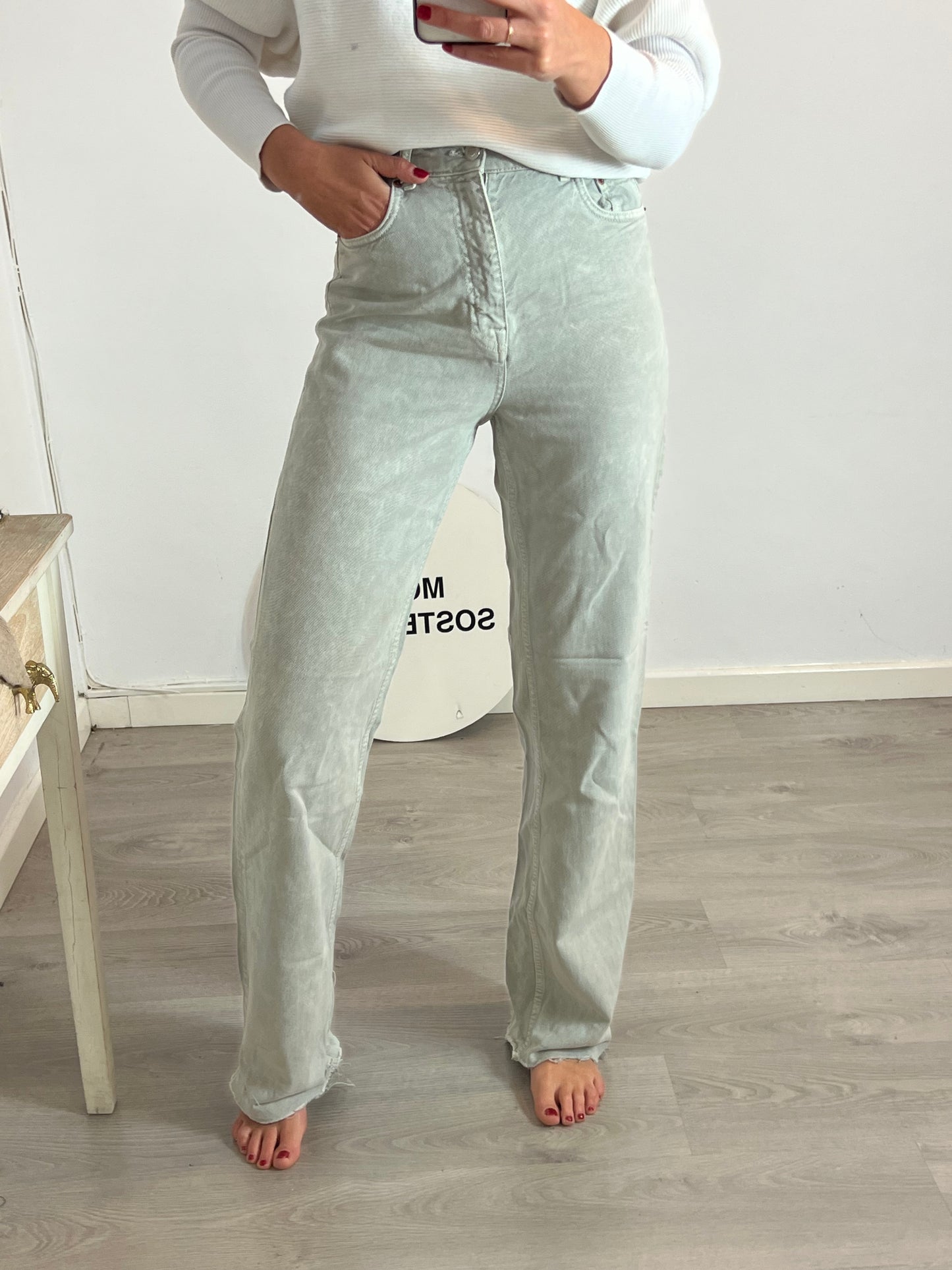 ZARA. Pantalón denim verde ancho T.36
