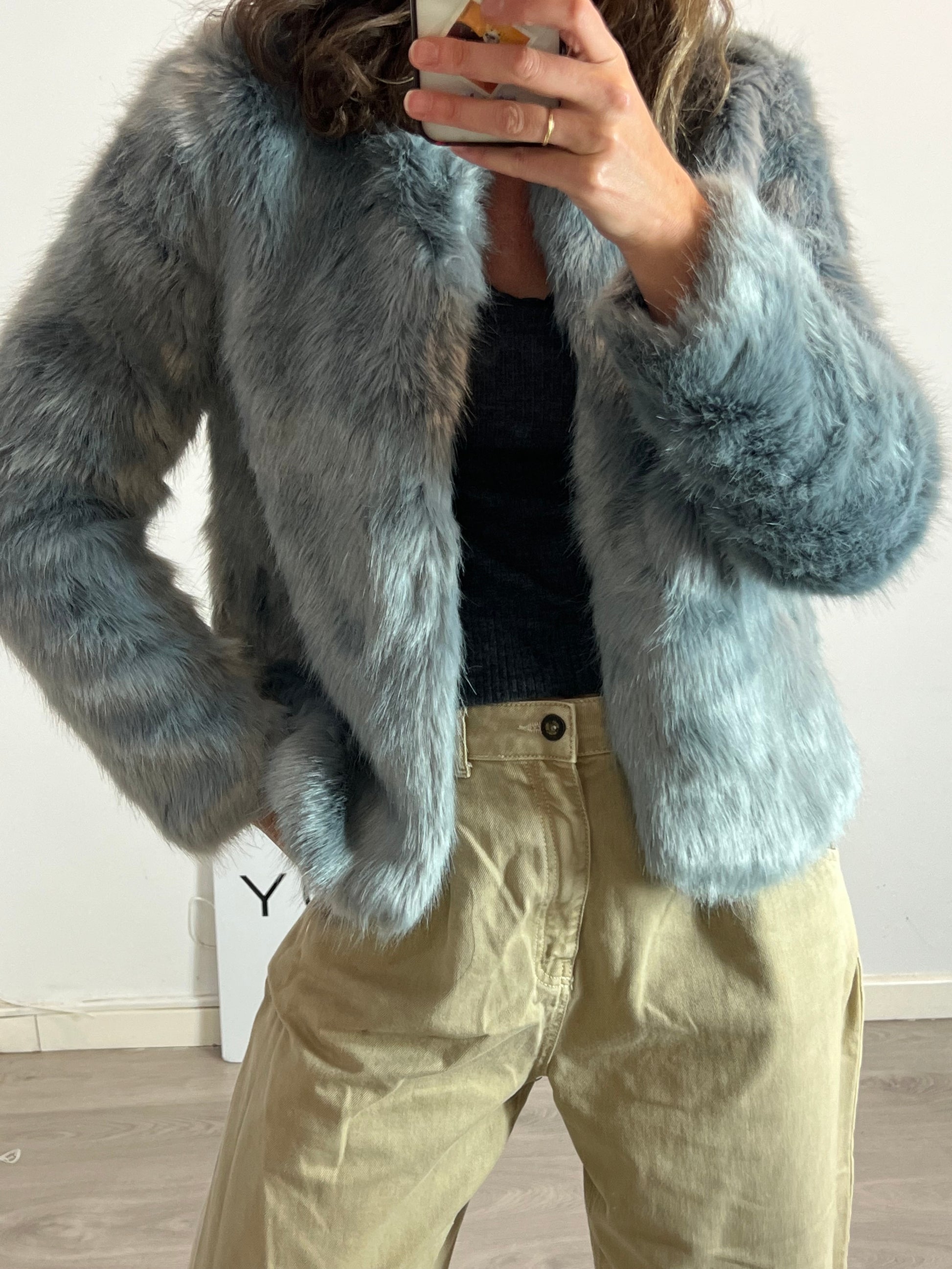 Capucha Abrigo De Pelo Azul Claro Abrigo Largo Azul Marino