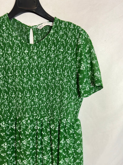ZARA. Long green floral dress T.xs