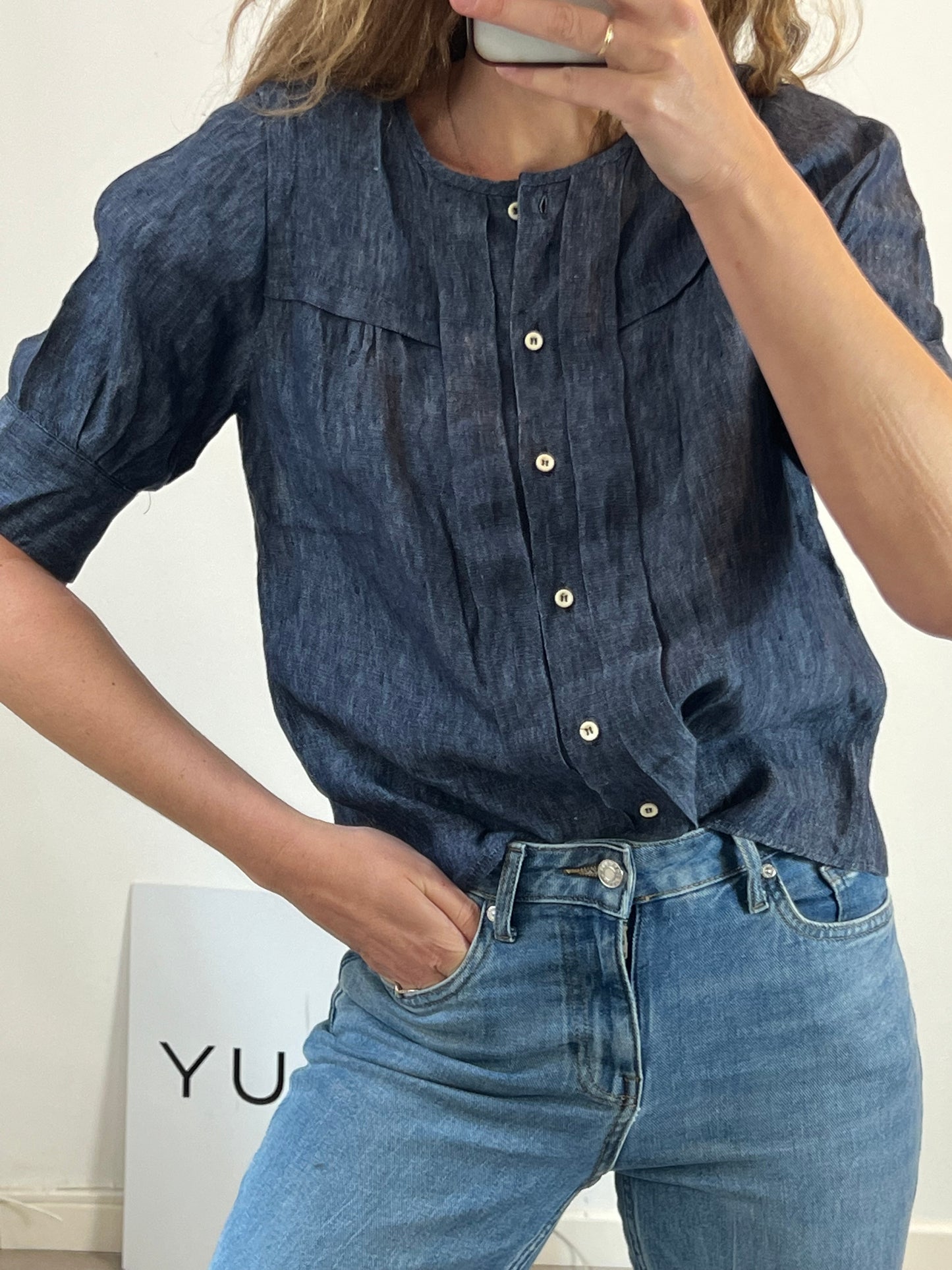 MASSCOB. Blusa azul lino T.s