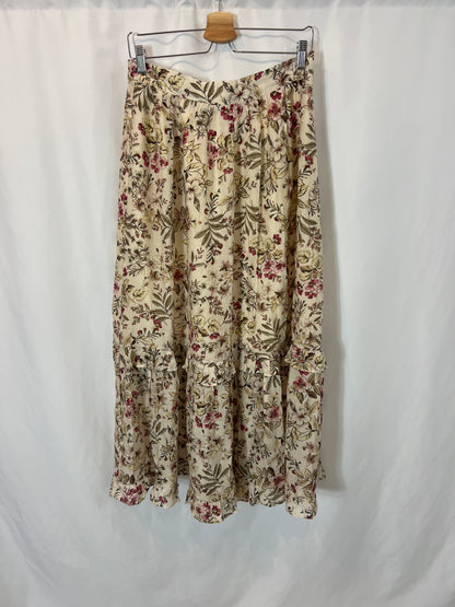 MANGO. falda larga beige flores T.l