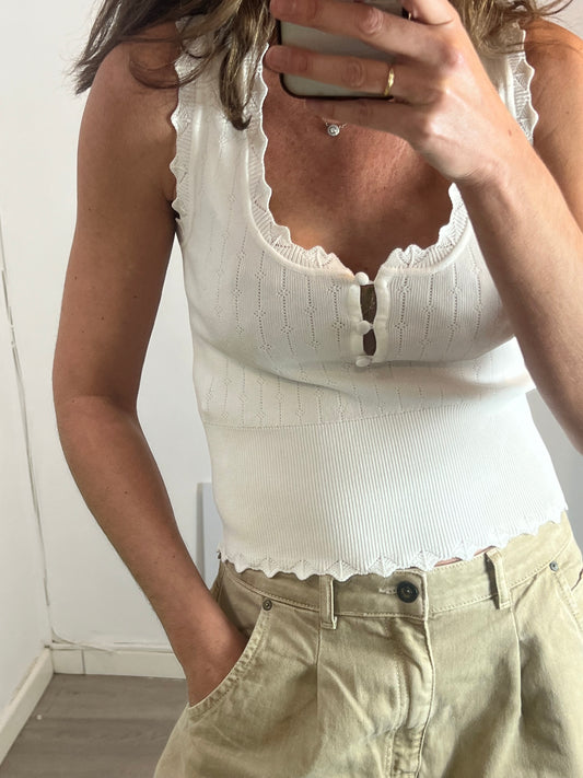 ZARA. Top blanco troquelado T.s