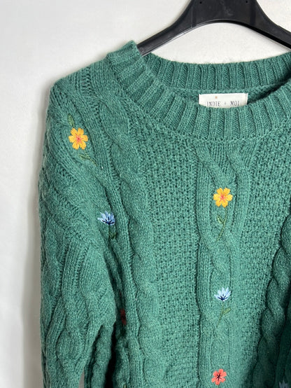 INDIE+MOI. Jersey verde flores bordadas. T 1(S)