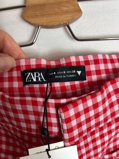 ZARA. Pantalón cuadros vichy rosa y rojo. T S