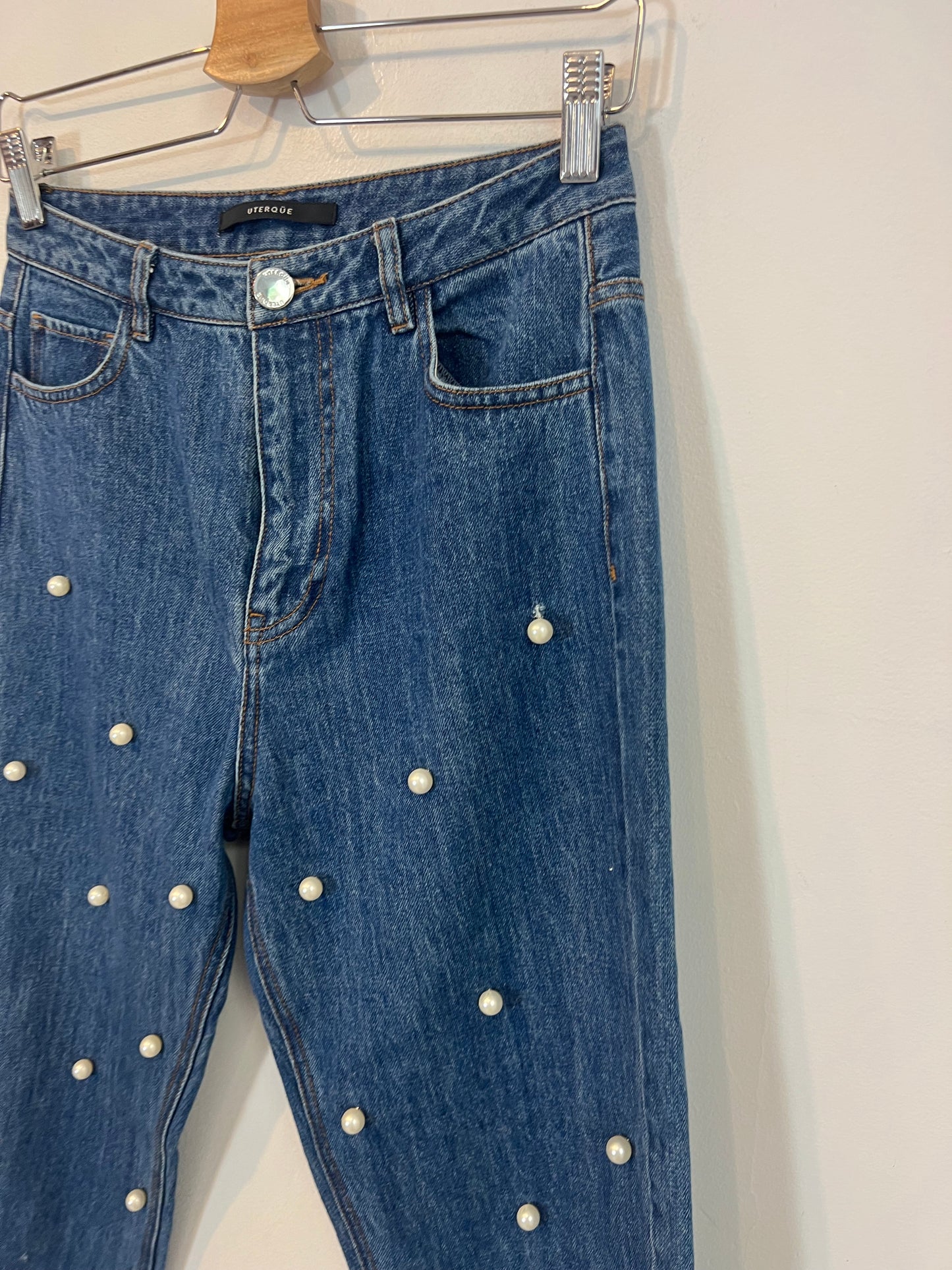 UTERQÜE. Denim recto perlas. T 38
