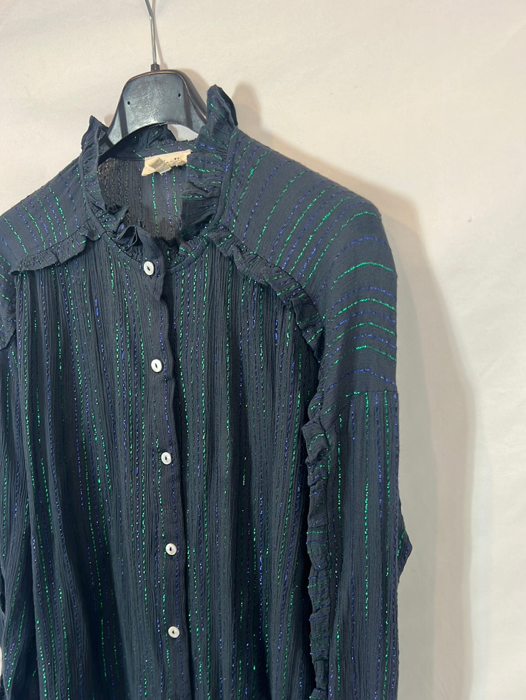 NICOLI. Blusa azul detalles hilos metálicos T.s