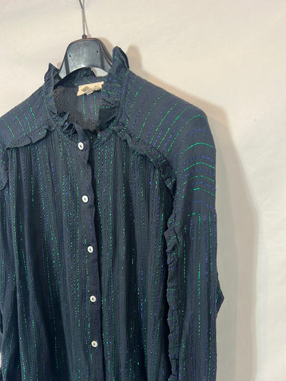 NICOLI. Blusa azul detalles hilos metálicos T.s