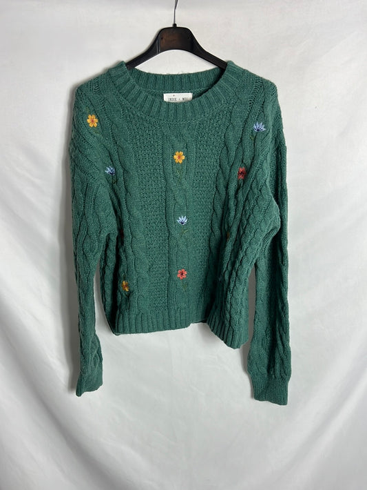 INDIE+MOI. Jersey verde flores bordadas. T 1(S)