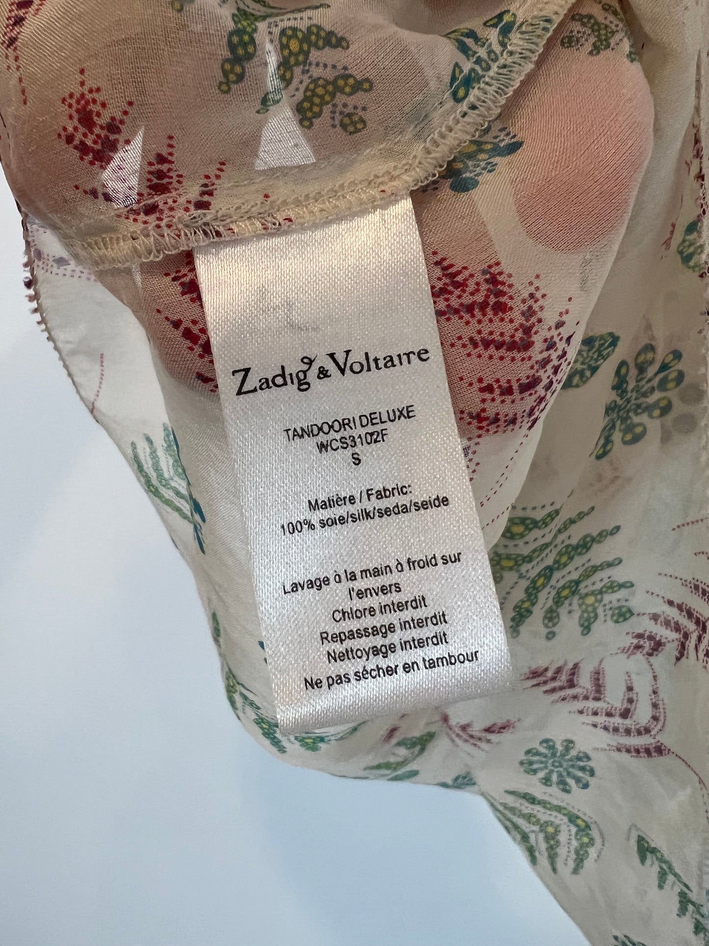 ZADIG &amp; VOLTAIRE. Printed silk top with stud detail. TS (Tare)