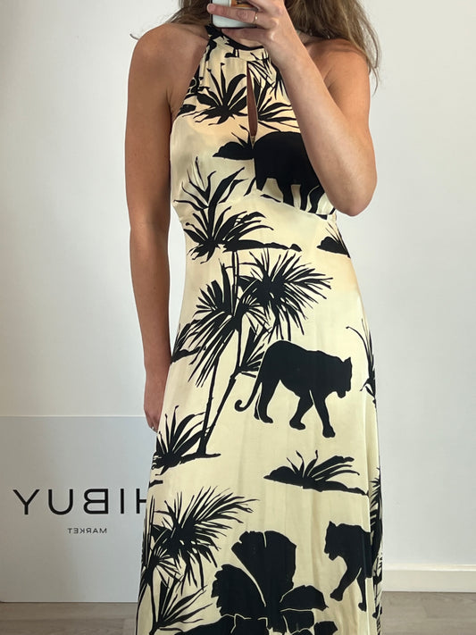 MASSIMO DUTTI. Vestido largo estampado cuello halter. T 36