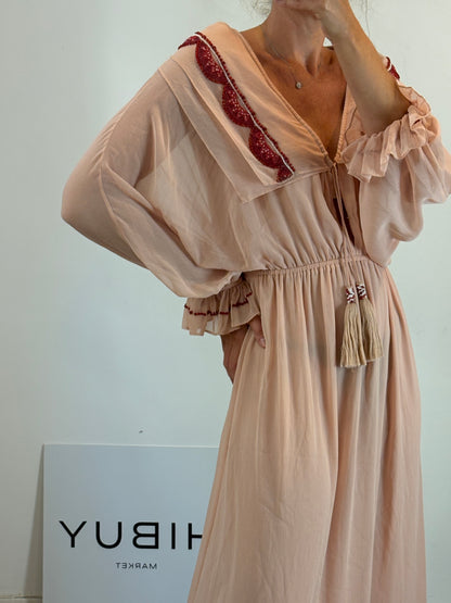 MAGNOLIA. Long pink chiffon beaded dress. TM