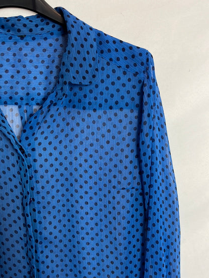 OTHER. Semi-sheer blue blouse with black polka dots. TS