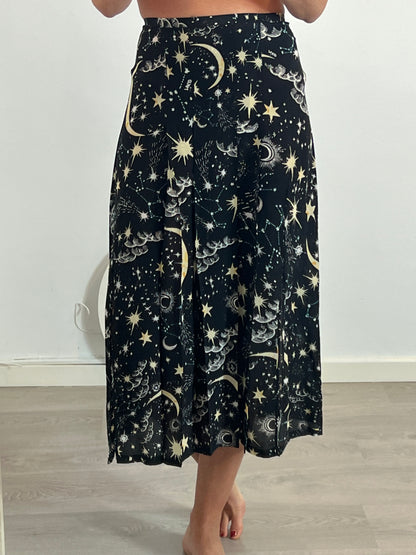 RIXO LONDON. Falda midi seda negra estampada T.s