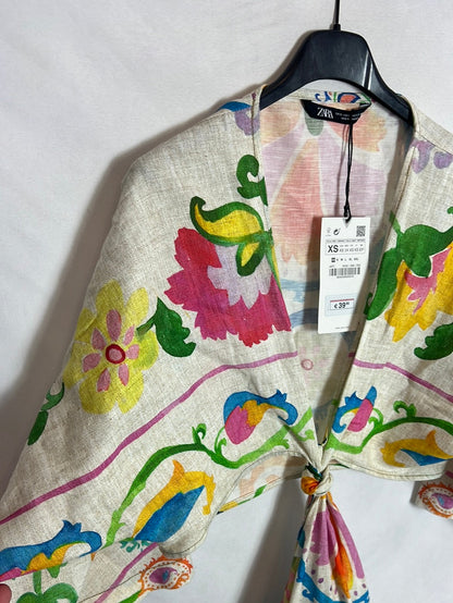 ZARA. Vestido lino aperturas estampando . T XS