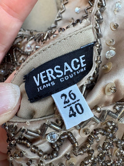 VERSACE Jeans Couture. Vestido de cóctel de seda beige con bordados