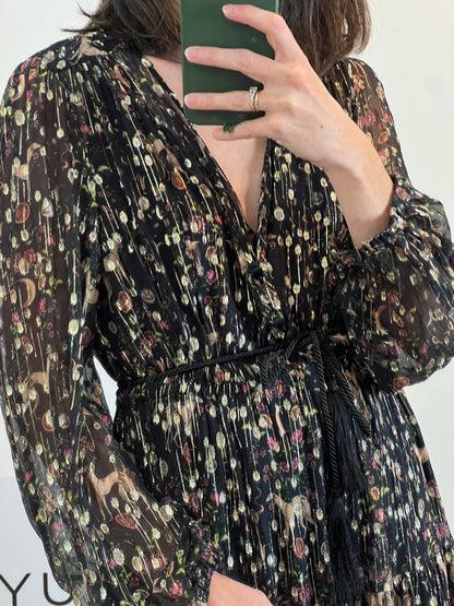 SANDRO. Vestido largo seda semitransparente. T 38